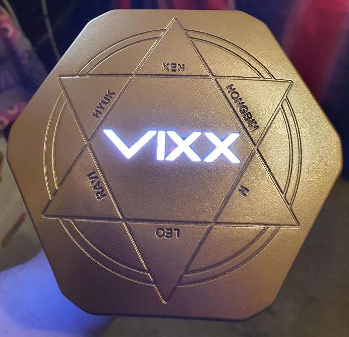 a gold 6 sided hexagon that has a star with the words vixx wirtten in blue in the middle, each of the members names are written inside each point of the star
